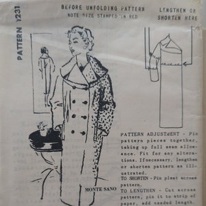 May include: A black and white illustration of a woman wearing a coat with a fur collar. The illustration is from a vintage sewing pattern. The pattern number is 1231. The text "Before unfolding pattern, note size stamped in red" is printed at the top of the page. The text "Pattern adjustment" is printed below the illustration. The text "Pattern markings" is printed below the pattern adjustment text. The text "36" material" is printed at the bottom of the page.