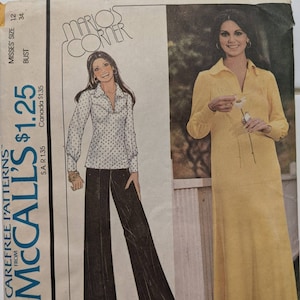 McCALL&#39;S 4393 UNCUT Size 12 Bust 34&quot; Marlo&#39;s Corner Yoked Pullover Dress Top Shirt Collar Pants Trousers Flared Vintage 1970&#39;s Pattern