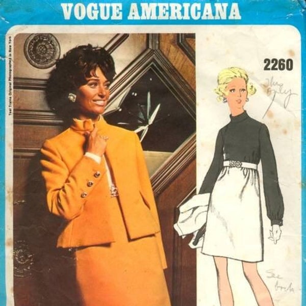 VOGUE 2260 Size 14 Bust 36 Teal Traina Two-Piece Dress Suit Jacket Standing Collar Long Sleeves Vintage 1960's Pattern