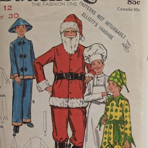 May include: A vintage sewing pattern for a boy's costume. The pattern includes instructions for making a Santa Claus, a chef, and a jester costume. The pattern is for sizes 7-12 and 38-44. The pattern is titled "Buttonh The Fashion One" and has the number 6399.