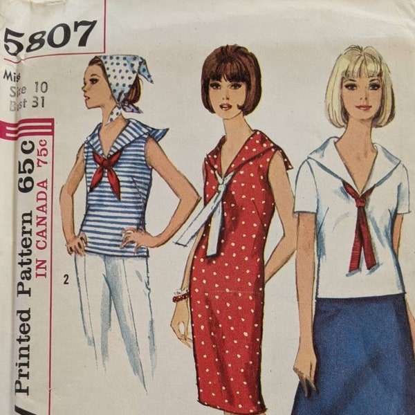 SIMPLICITY 5807 UNCUT Size 10 Bust 31 One-Piece Dress Blouse and Skirt Sailor Collar Tie Short Sleeves Sleeveless Vintage 1950's Pattern