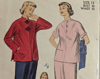 ADVANCE 5985 Size 12 Bust 30 Pajamas "Coolie" Coat Jacket Pants Pockets Vintage 1950's Pattern