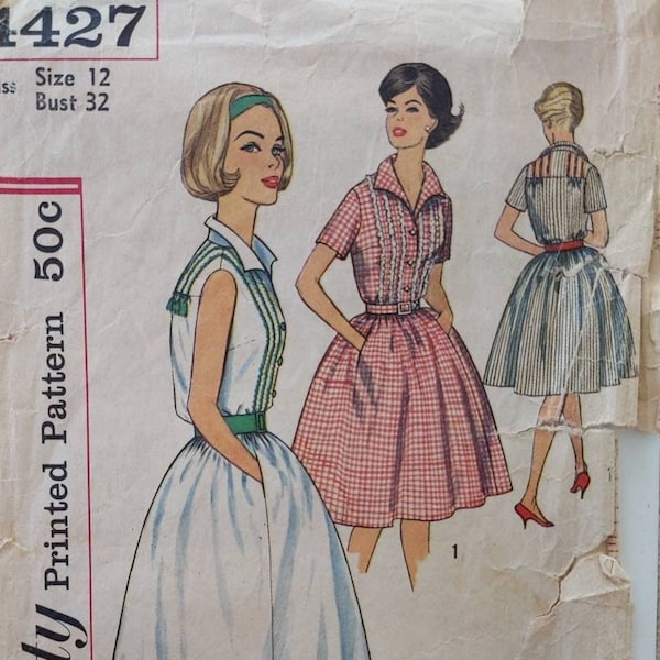 SIMPLICITY 4427 Size 12 Bust 32 One-Piece Dress Shirt Dress Shirtwaist Collar Pockets Sleeveless Short Sleeves Vintage 1960's Pattern