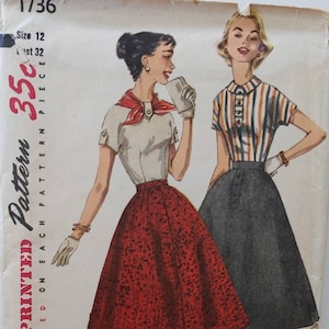 SIMPLICITY 1736 UNCUT Size 12 Bust 32 Simple to Make Junior Teen Age Skirt and Blouse Collar Scarf Button Tabs Flared Vintage 1950&#39;s Pattern