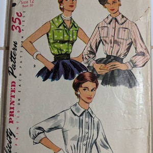 SIMPLICITY 1225 Size 12 Bust 30 Blouse Shirt Long 3/4 Sleeves Sleeveless Collar Vintage 1950&#39;s Pattern