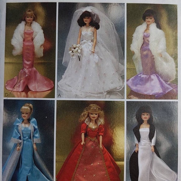 McCALL's 3138 Crafts Barbie Fashion Doll Clothes Wedding Dress Christmas Holiday Gown Mermaid Wrap Shawl OOP Pattern