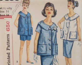 SIMPLICITY 3485 UNCUT Size 14 Bust 34 Maternity Top Blouse Skirt Shorts Pockets Collar Vintage 1960's Pattern