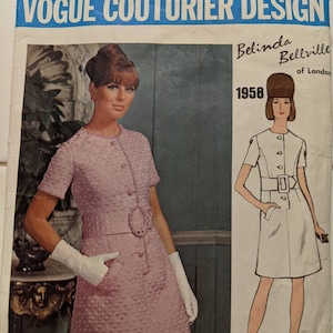 VOGUE 1958 Size 14 Bust 36 Belinda Bellville of London Couturier Design One-Piece Dress A-Line Round Neckline Inset Belt Vintage 1960&#39;s