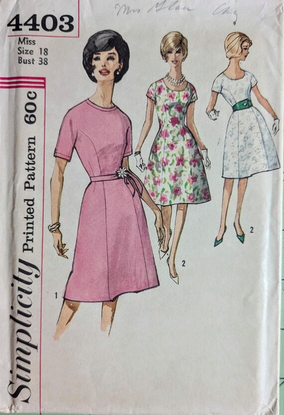 SIMPLICITY 4403 UNCUT Size 18 Bust 38" Dress Princess Seams 3/4 Short Sleeves Belt Round Neckline Vintage 1960's Pattern