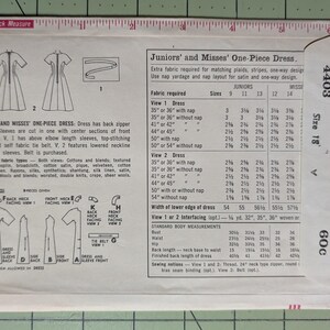 May include: A vintage sewing pattern for a one-piece dress. The pattern is for juniors and misses sizes 9-14. The pattern includes instructions for two different sleeve lengths and a tie belt. The pattern number is 4403 and the size is 18. The pattern is for sale at pattern counters and newsstands.