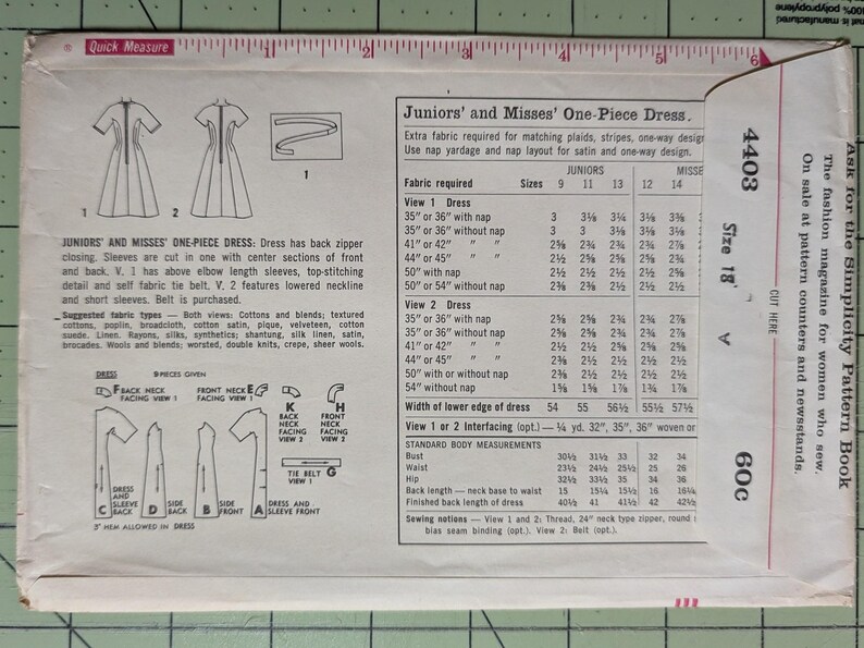 May include: A vintage sewing pattern for a one-piece dress. The pattern is for juniors and misses sizes 9-14. The pattern includes instructions for two different sleeve lengths and a tie belt. The pattern number is 4403 and the size is 18. The pattern is for sale at pattern counters and newsstands.