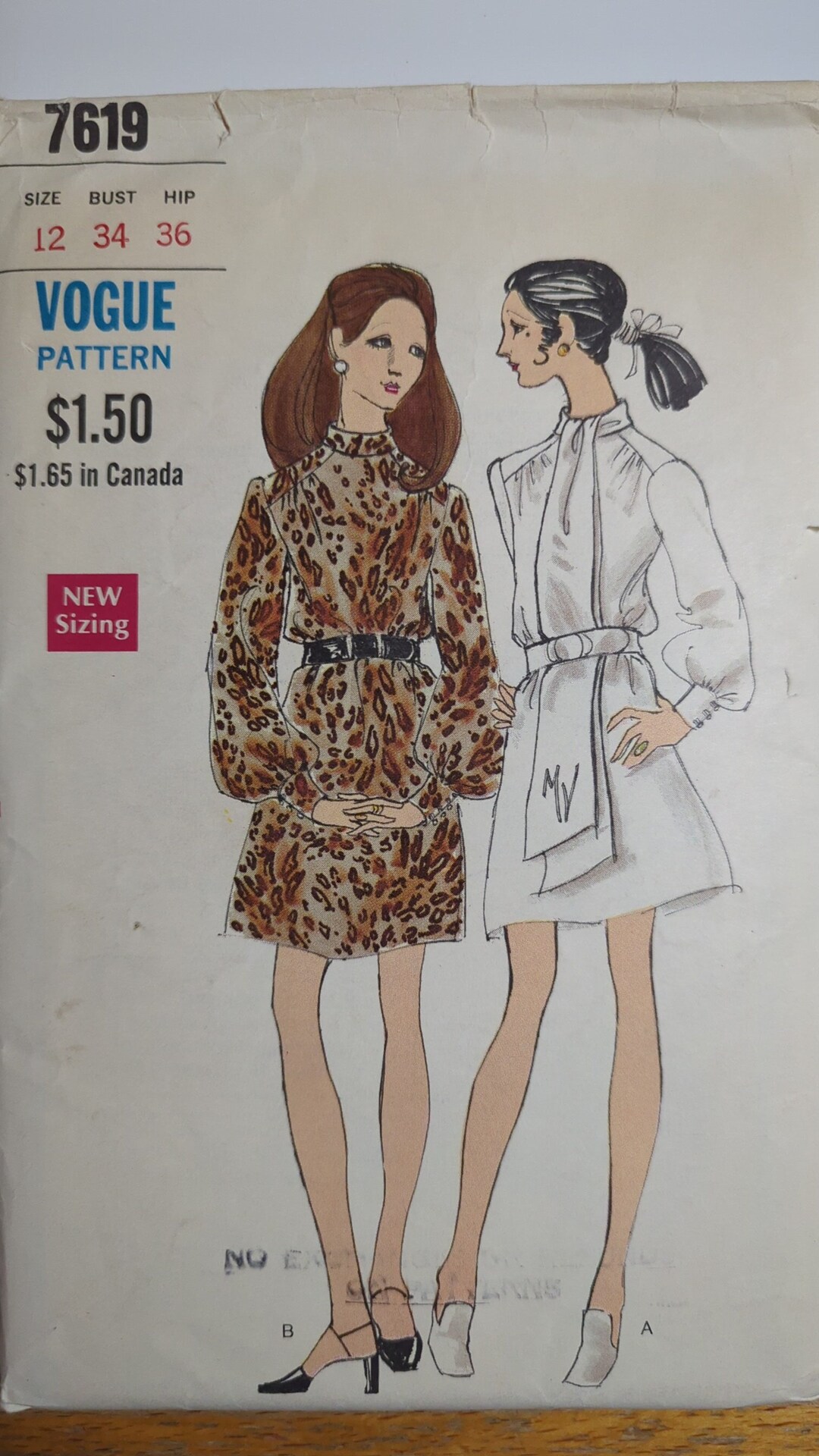 VOGUE 7619 Size 12 Bust 34" One-piece Dress Collar Scarf Bishop Sleeves ...