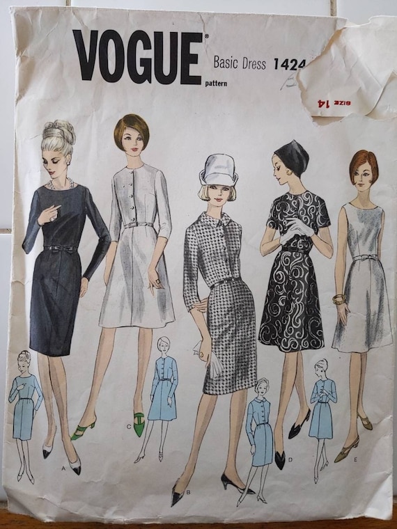 VOGUE 1424 Size 14 Bust 34 One-piece Basic Dress Button Front A-line Skirt  High Round Neckline 3/4 Long Short Sleeves Vintage 1960's Pattern - Etsy