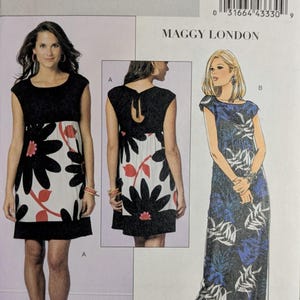 BUTTERICK 5456 UNCUT Sizes 8-14 & 16-24 Maggy London Fast and Easy Dress Pullover Back Ties Elastic Waist Maxi Knee Length Contrast Band OOP