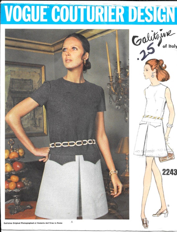 VOGUE 2243 Size 10 Bust 32 1 2 Galitzine Vintage 1960 s Low Waist A Line Dress Split Front Sleeves Sleeveless Round Neck Designer Pattern
