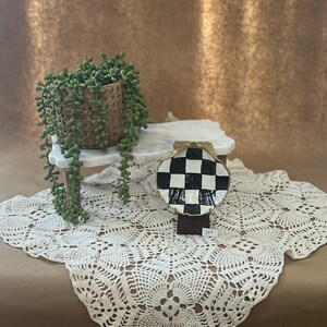 May include: A decorative seashell with a black and white checkered pattern, displayed on a small wooden stand. The shell has a gold-colored trim. A potted plant and a white lace doily are also in the image.