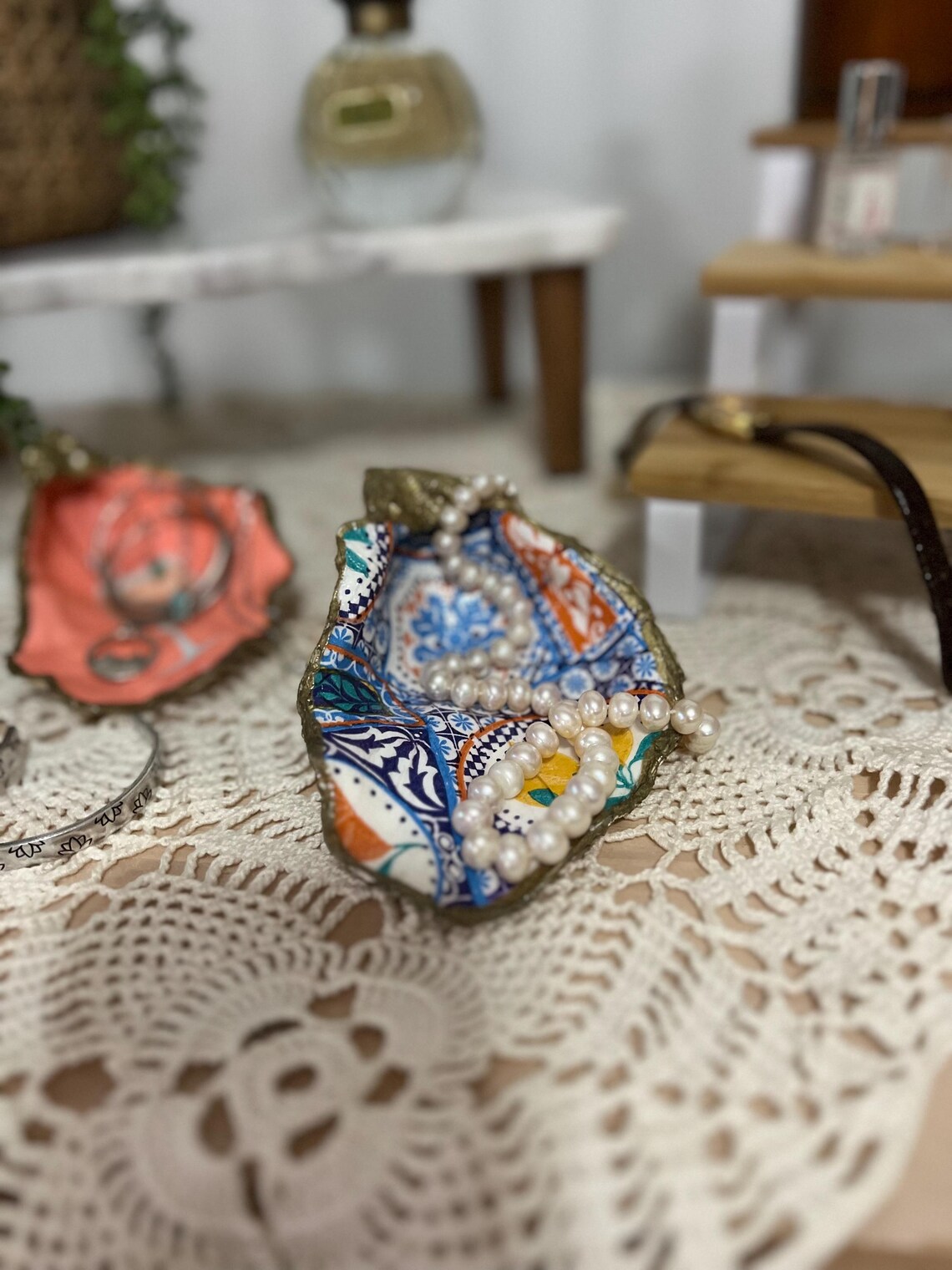 Spanish Blue Tile Decoupage Ceramic Oyster Shells