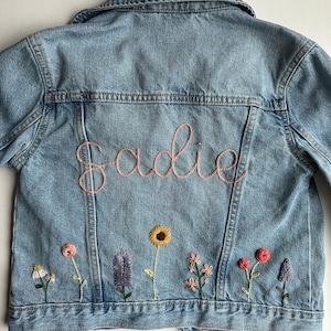 Custom Floral Kids Jean Jacket | Personalized Hand Embroidered Name Kids Denim Jacket | Wildflower Children&#39;s Jacket