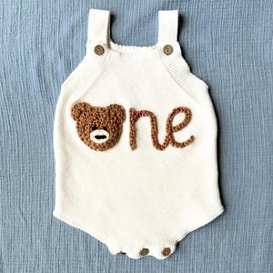Teddy Bear One Embroidered Romper | Hand Embroidered Bear Sweater | Baby Toddler Teddy Shirt