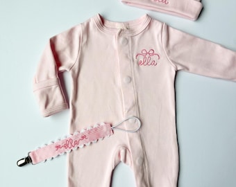 Baby Shower Magnetic Footie Bundle | Custom Embroidered Baby Shower Gift Set | Personalized Magnetic Footie | Infant Hat Bow | Pacifier Clip