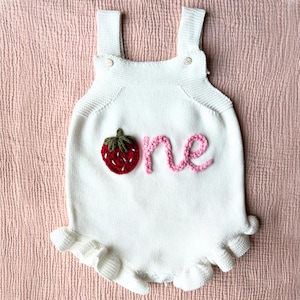 Strawberry One Outfit | Hand Embroidered Strawberry Romper | Baby Toddler Berry First Birthday Sweater