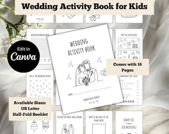 May include: A white wedding activity book for kids with 16 pages, featuring line art illustrations and the text "Wedding Activity Book for Kids." Available in US Letter and Half-Fold Booklet sizes. Includes activities like coloring and word searches.