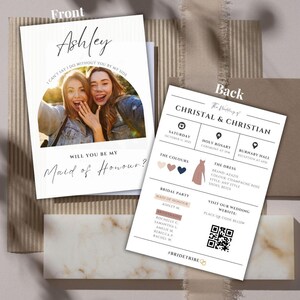 Modèle de carte d'informations sur la proposition de demoiselle d'honneur, carte de proposition photo modifiable, serez-vous ma demoiselle d'honneur, détails de fête de mariage, téléchargement numérique