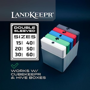 May include: A LandKeepr card storage system featuring five colored card dividers in white, green, blue, red, and gray, each with a unique icon. A sign displays Double Sleeved Sizes for 15, 20, 30, 40, 50, and 60 cards, noting compatibility with CubeKeepr and Hive boxes.
