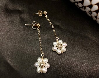 Daisy Pearl Earrings Dainty Pearl Flower Bohemian Dangle Super Shiny Pearl Earring Flower Child Dangle Earring