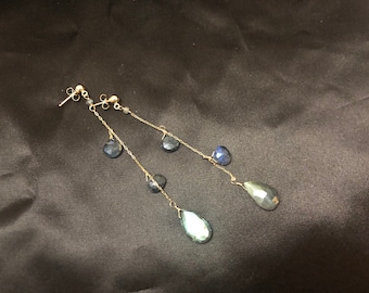 Labradorite Earrings Long Dangle Modern Flashy Blue Labradorite Gemstone Earrings