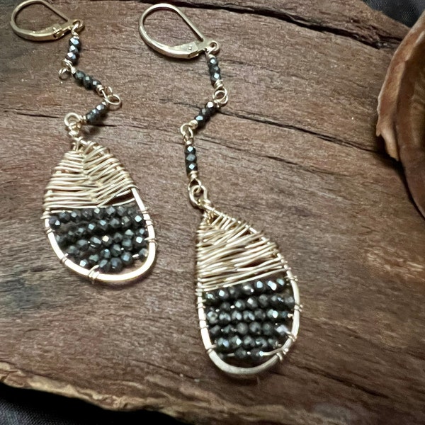 Wire Wrapped Gemstone Dangle Earrings Pyrite Leaf Earrings Modern Gemstone Earrings boho Earrings Anthro Earrings Sundance Earrings