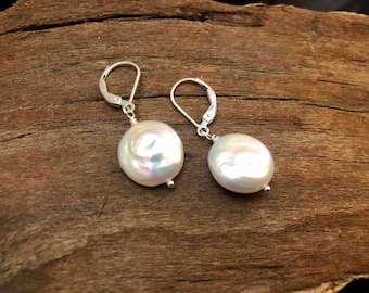 Coin Pearl Earrings Simple Earrings Lever back Earrings Super Shiny Fresh Water Pearl Huggies Cultured Pearl Mother's day Gift for mom