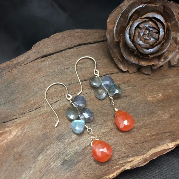 Blue Labradorite Earrings, Gemstone Earrings, Berry on Vine Earrings Rustic Earrings Carnelian Bohemian earrings Sundance Style Jewelry