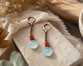 Peruvian Chalcedony Earrings, Coral Beads, Antique Copper, Rustic Bohemian Style, Sundance style earrings