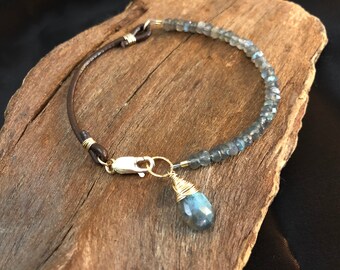 Labradorite Bracelet, Labradorite Leather Bracelet, Gemstone Leather Bracelet, Charm Bracelet