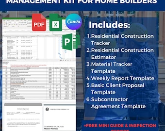Puede incluir: Un kit de productos digitales para constructores de viviendas, que incluye un PDF, una hoja de cálculo de Excel y una plantilla de Canva. El kit incluye plantillas para el seguimiento de la construcción residencial, la estimación, el seguimiento de materiales, los informes semanales, las propuestas de clientes y los contratos de subcontratistas. También incluye una mini guía gratuita y un informe de inspección.