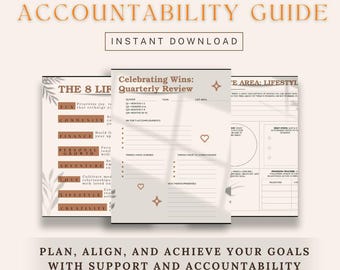 Puede incluir: Un planificador de vida digital con un diseño floral marrón y blanco. El planificador incluye secciones para las 8 áreas de la vida: diversión, comunidad, finanzas, crecimiento personal, aventura, amor, estilo de vida y creatividad. El planificador también incluye una sección de revisión trimestral para celebrar los logros y establecer objetivos. El texto "The Ultimate Digital Life Planner + Free Accountability Guide" está en la parte superior de la imagen.