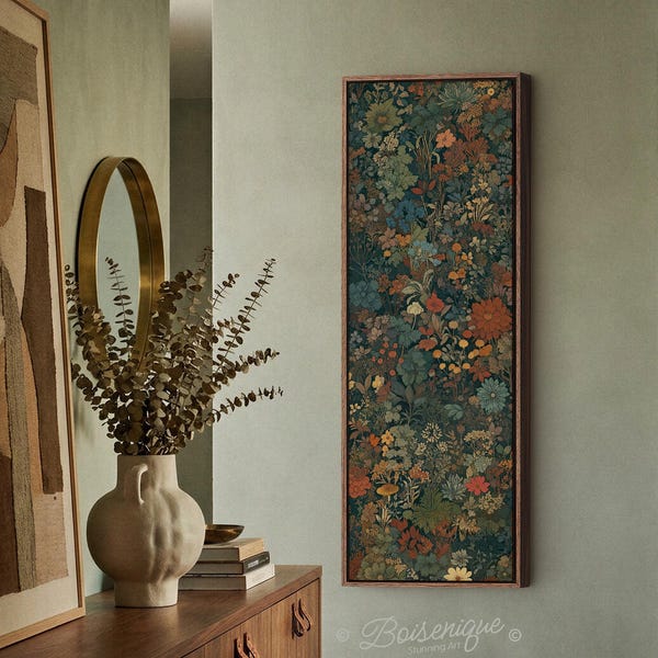Vintage Floral Tapestry Framed Canvas Art: Cottagecore Decor