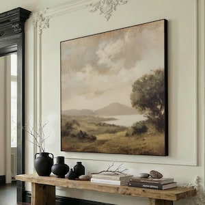 Quadro da parete extra large con paesaggio vintage / Decorazione rustica in stile fattoria con cornice oversize in alluminio nero