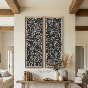 Juego de 2 láminas decorativas botánicas florales para pared / Panel floral moderno en negro y crema / Arte de pared extragrande / Decoración minimalista bohemia para el hogar 20x60 16x48
