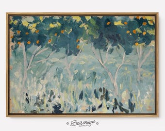 Vintage Landscape Framed Canvas Print: Green & Blue Impressionist Art