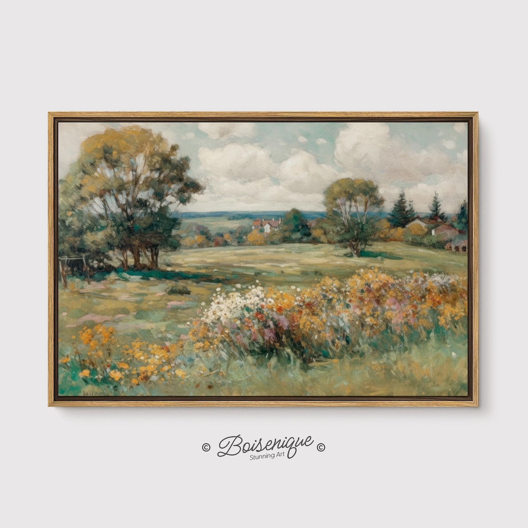 Wildflowers Field Wall Art Print on Framed Canvas | Rustic Landscape ...