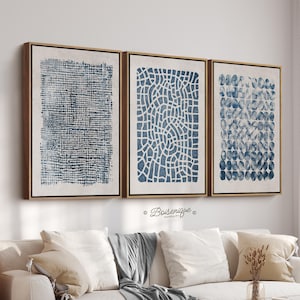 Blue Abstract Framed Wall Art - Mid Century Modern - Set of 3