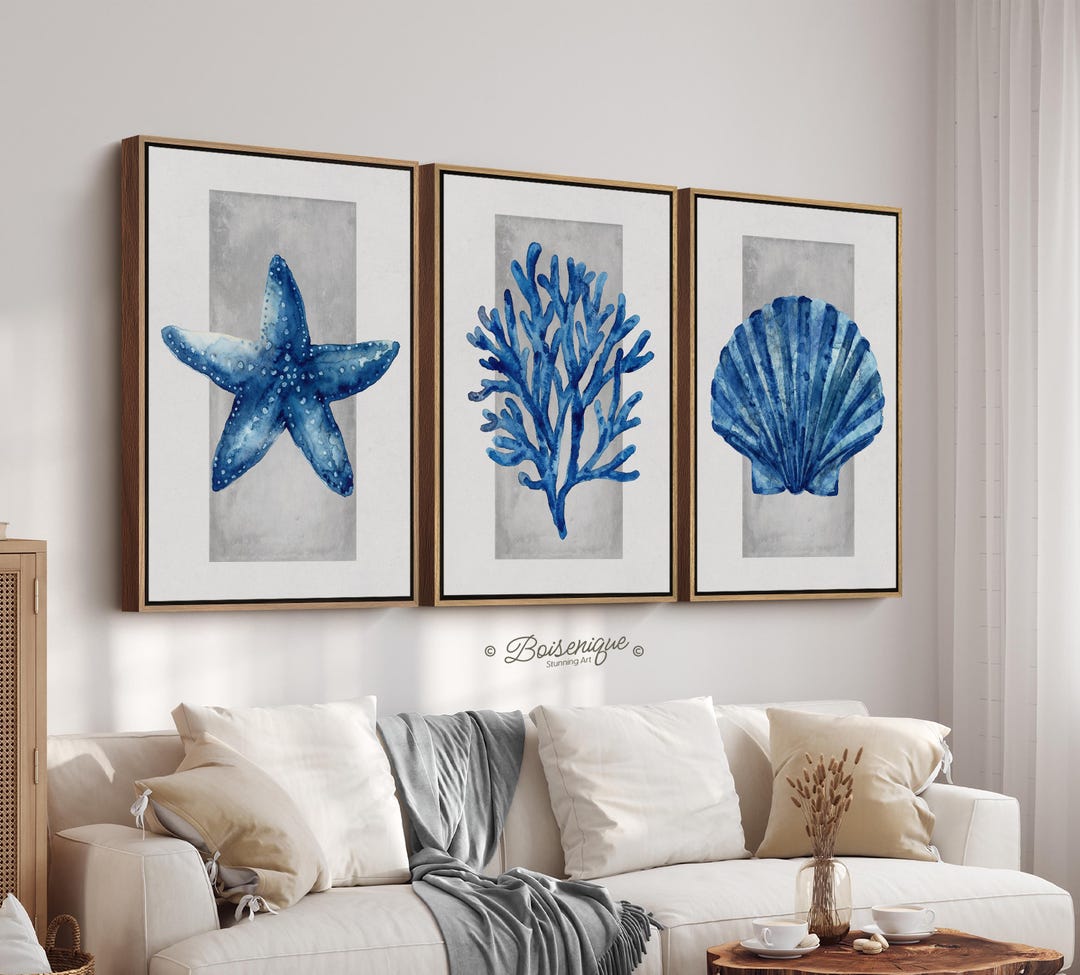 Framed Coastal Prints Set | Blue Starfish, Coral, Shell Wall Art - Etsy