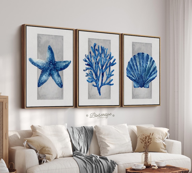 Framed Coastal Prints Set | Blue Starfish, Coral, Shell Wall Art - Etsy