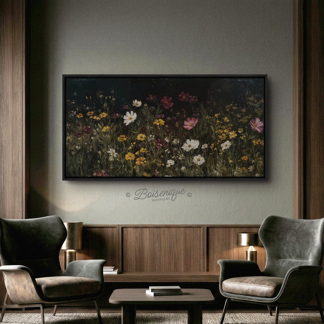 Moody Wildflower Meadow Oil Painting Print, Framed Vintage Floral ...