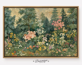 Vintage wildflowers field landscape Wall Art Print | Framed Canvas with hanging kit