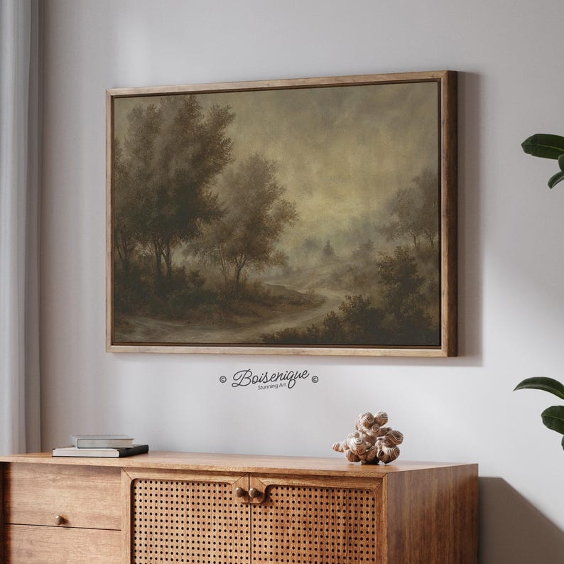 Framed Vintage Forest Path Print: Rustic Landscape Wall Art, Walnut ...