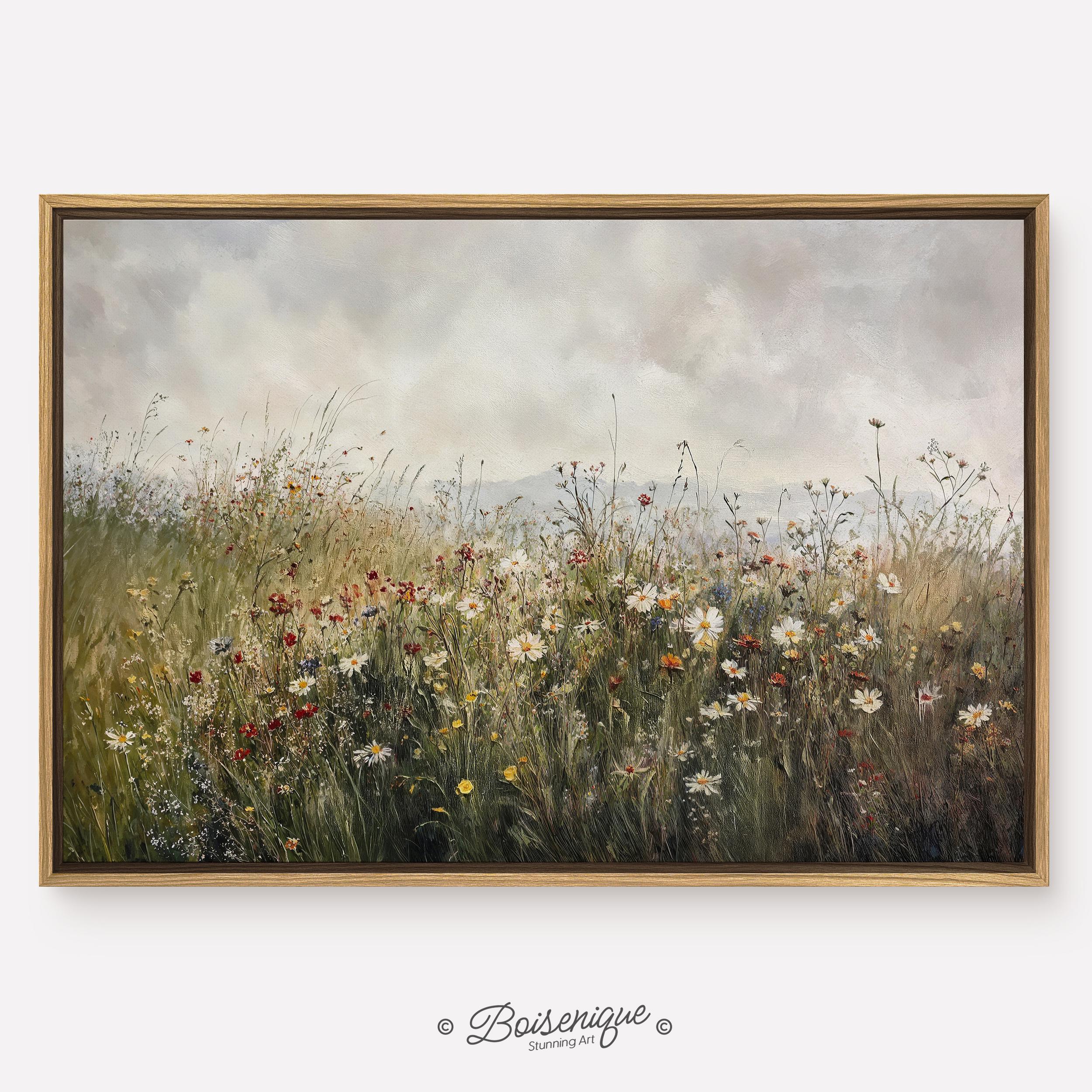 Wildflower Field Landscape Print: Vintage Framed Canvas Wall Art - Etsy