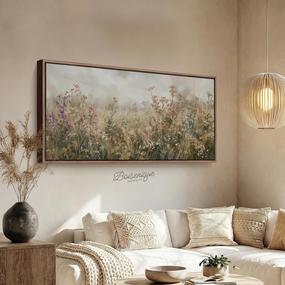 Moody Wildflower Meadow Oil Painting Print - Framed Vintage Floral ...